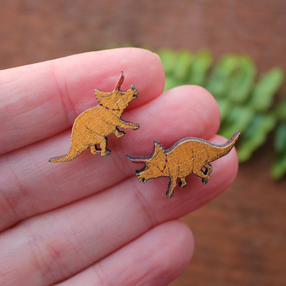 Yellow triceratops studs wood and surgical steel earring by Laura Lee Designs 