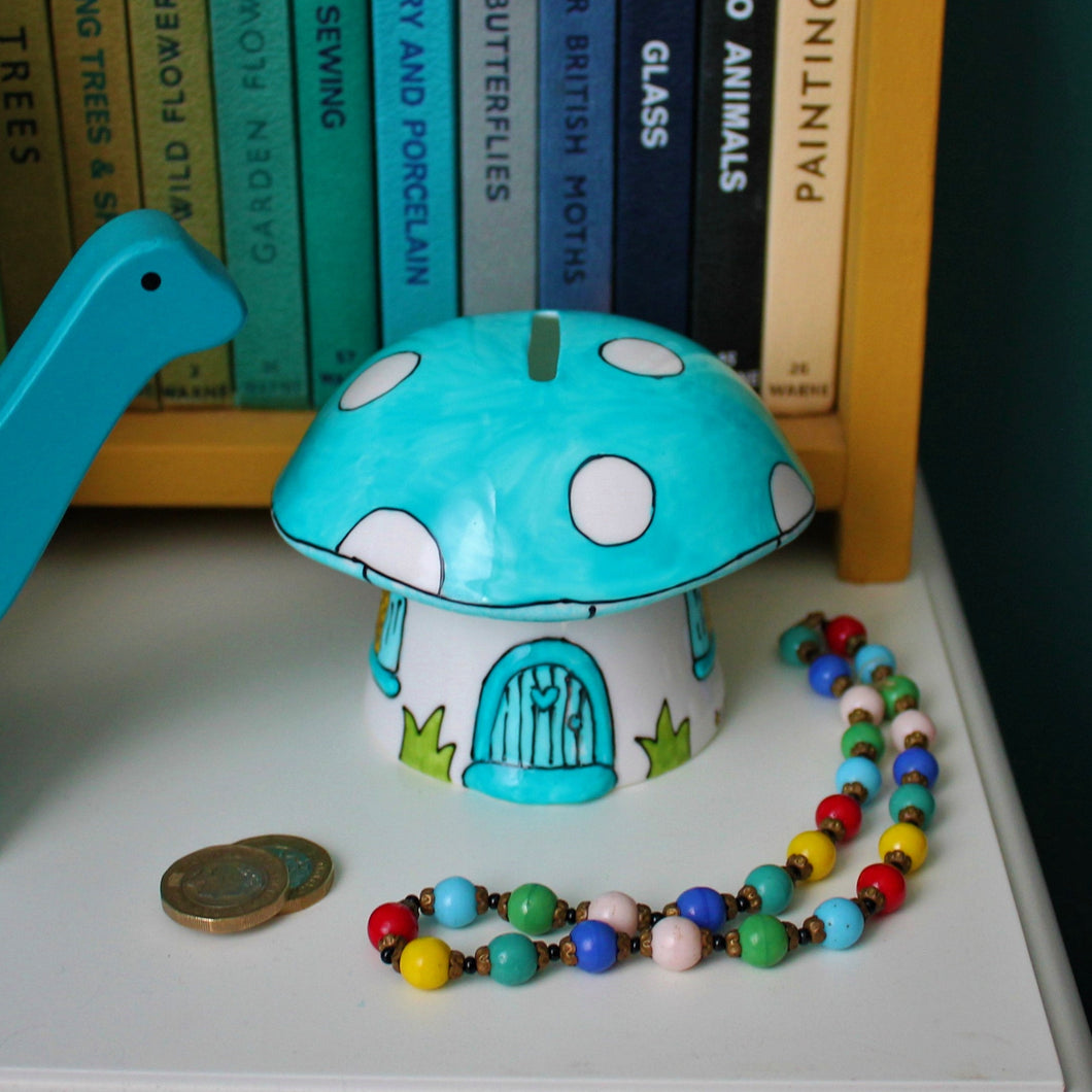 Turquoise toadstool money box hand painted fine china piggy bank by Laura Lee Designs Cornwall
