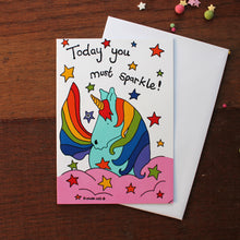 Load image into Gallery viewer, Unicorn rainbow greetings card by Laura Lee Designs in Cornwall