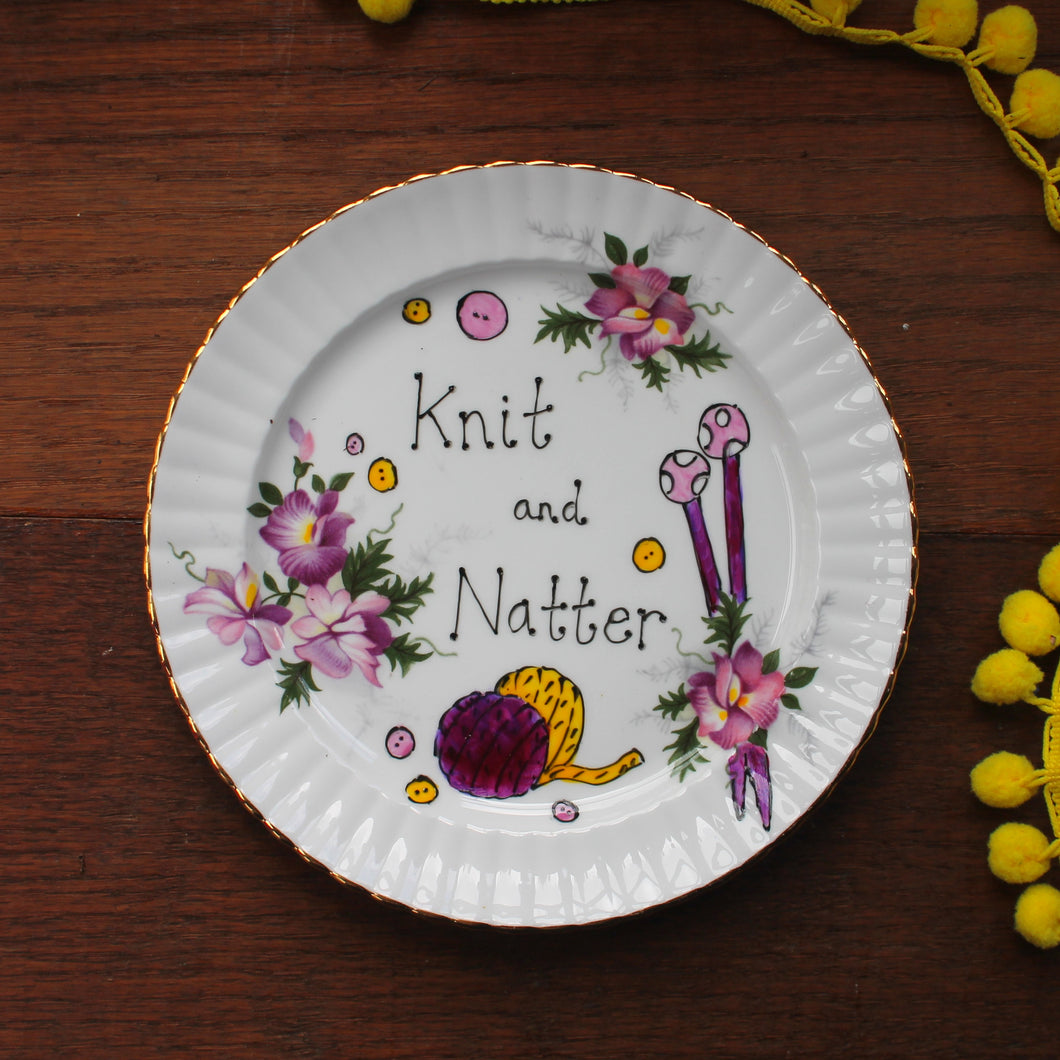 Knit and natter vintage display plate hand painted by Laura Lee Designs 
