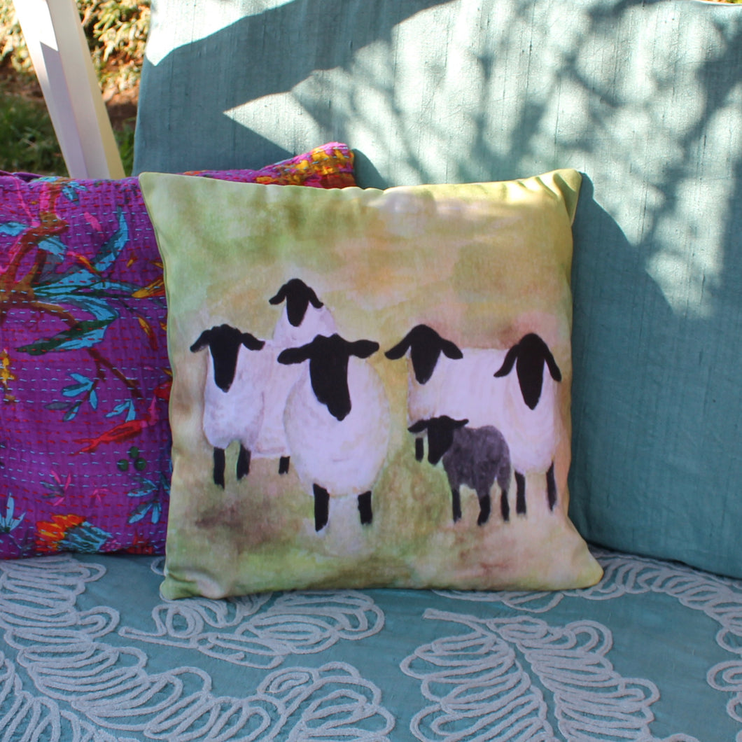 Bright watercolour sheep cushion by Laura Lee designs in Cornwall