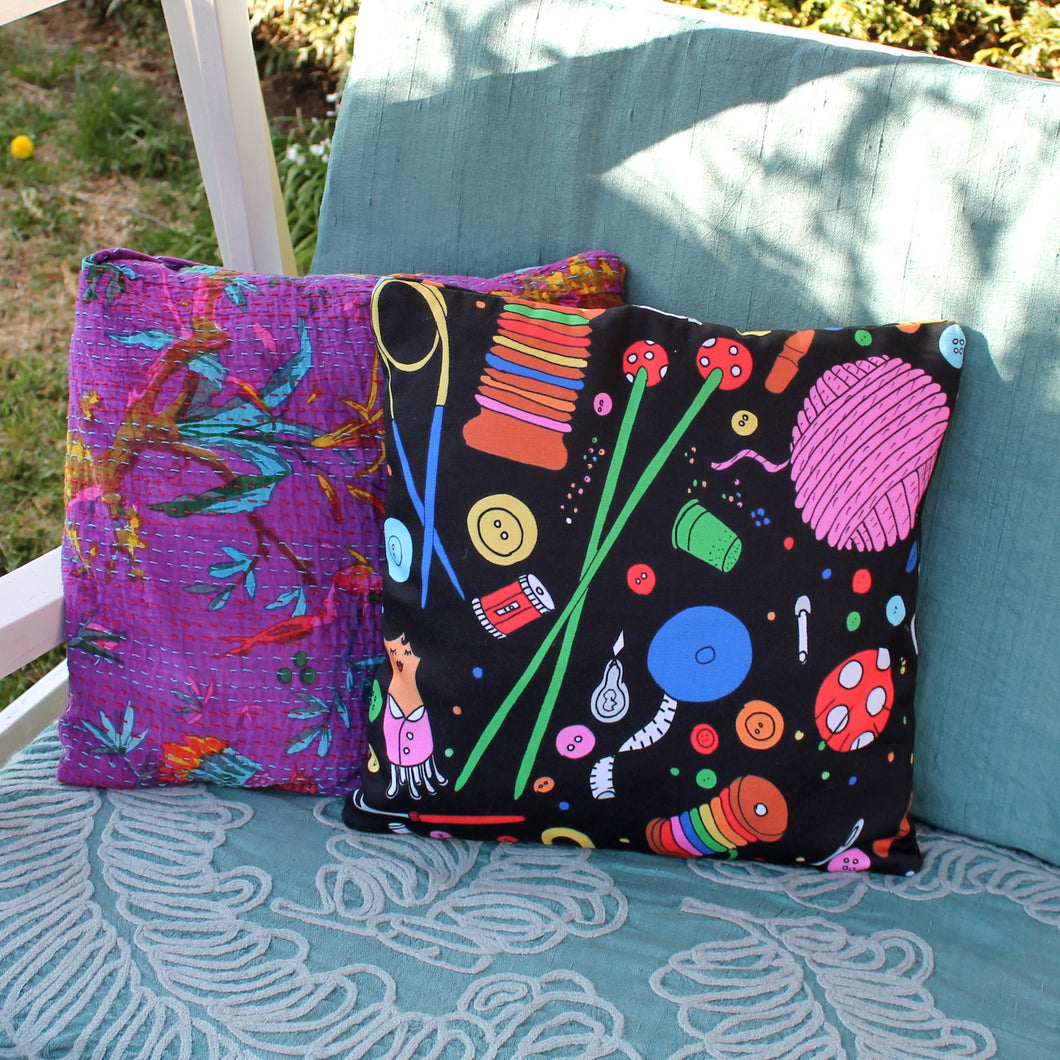 Sewing and knitting themed cushion by Laura Lee Designs 