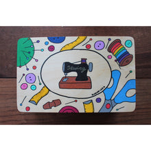 Load image into Gallery viewer, Hand painted wooden sewing box freaturing a vintage sewing machine in black by Laura Lee Designs in Cornwall