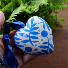 Load image into Gallery viewer, Blue ferns on a ceramic heart hand painted by Laura Lee 