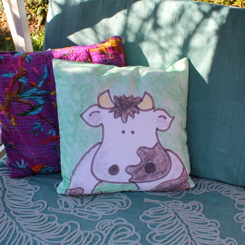 Cartoon cow cushion watercolour and ink art pillow by Laura lee designs in Cornwall