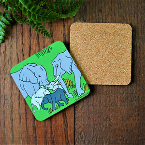Bright green elephant coaster with cork back Laura Lee designs Cornwall