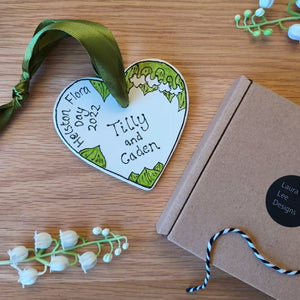 Personalised Helston Flora Day Heart with a green ribbon by Laura Lee Designs Cornwall