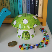 Load image into Gallery viewer, Green toadstool money box hand painted fine china piggy bank by Laura Lee Designs Cornwall