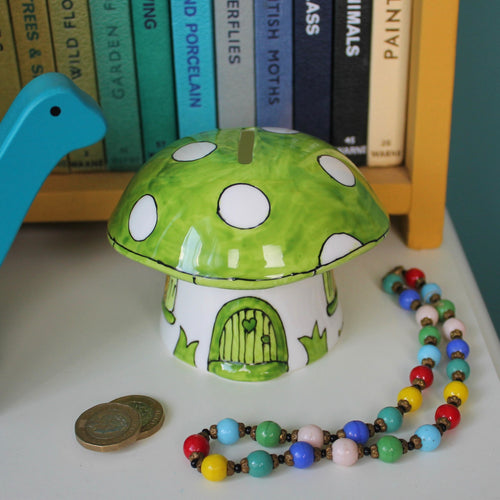 Green toadstool money box hand painted fine china piggy bank by Laura Lee Designs Cornwall