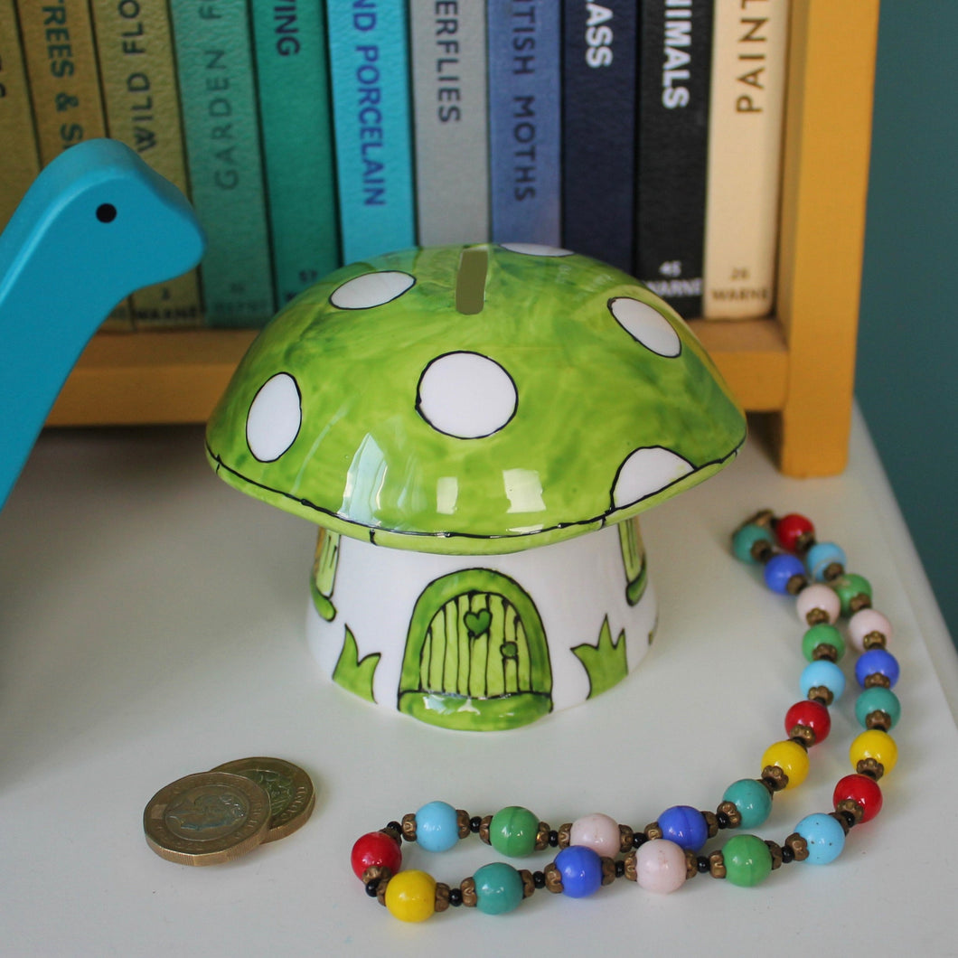 Green toadstool money box hand painted fine china piggy bank by Laura Lee Designs Cornwall