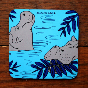 Cute hippos in water coaster by Laura Lee Designs Cornwall Heat proof colourful homewares