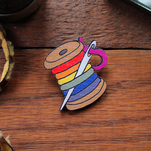 Rainbow Cotton Bobbin Brooch - Wooden - Sewing Gift