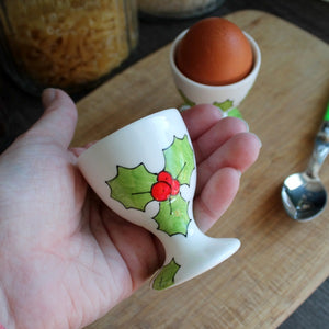 Hand painted holly egg cup by Laura Lee Designs Cornwall
