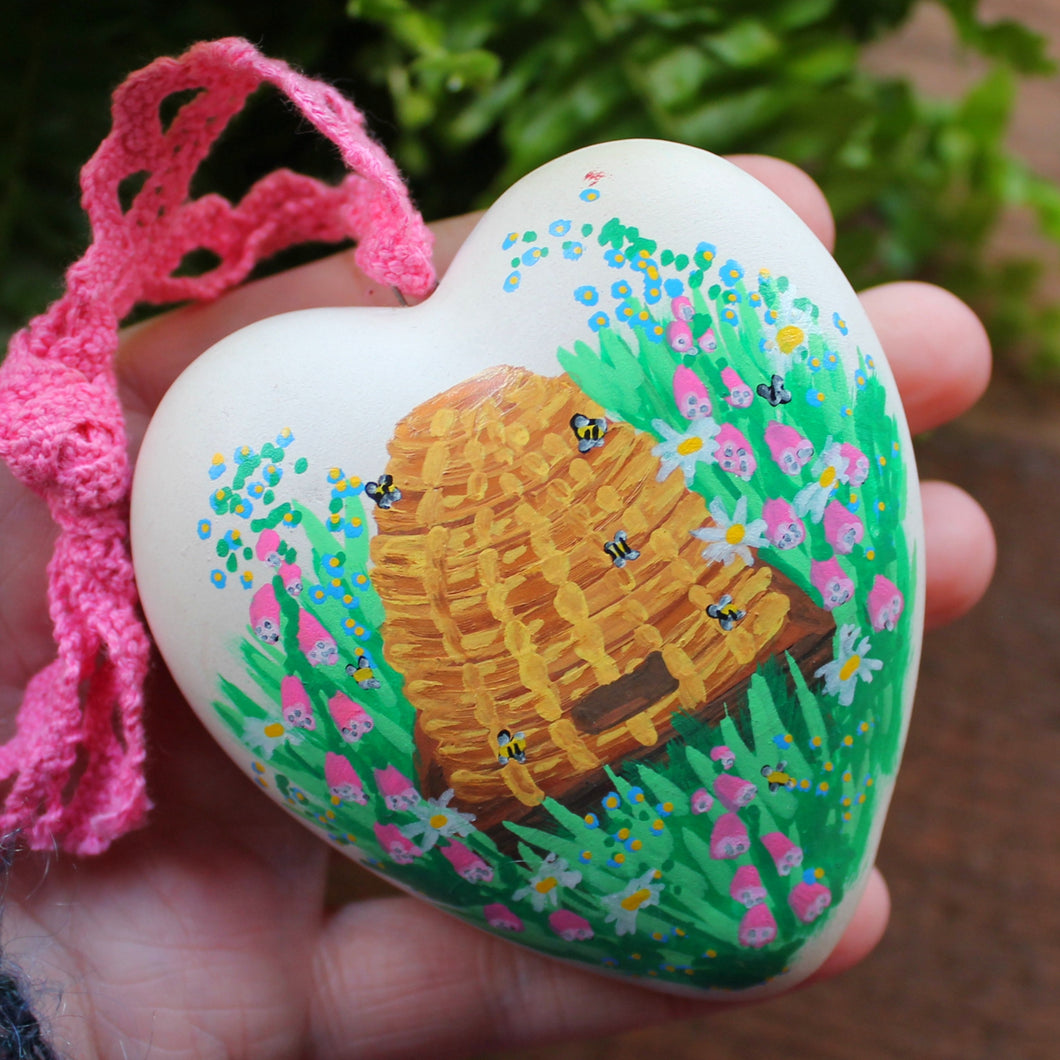Bee hive heart decoration with pink lace ribbon by Laura Lee Designs 