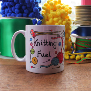 Knitting fuel mug by Laura Lee Designs colourful crafting cup by Laura Lee Designs Cornwall