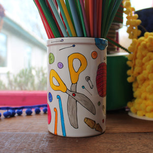 Colourful knitting needle storage jar by Laura Lee Designs 