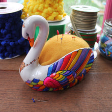 Load image into Gallery viewer, Rainbow swan pin cushion hand painted china swan by Laura Lee Designs Cornwall