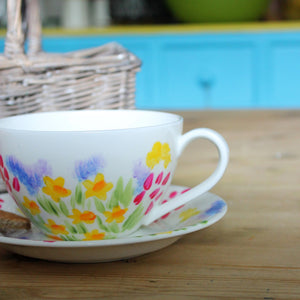 Meadow flowers large cup and saucer pretty florals hand painted on to fine china by Laura Lee Designs Cornwall