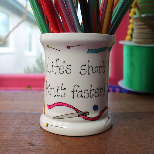 Life's short knit faster funny needle and hook storage jar for knitters