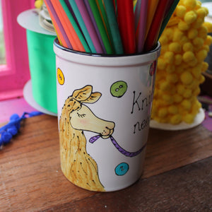 Llama knitting needle storage pot fun craft storage by Laura Lee Designs