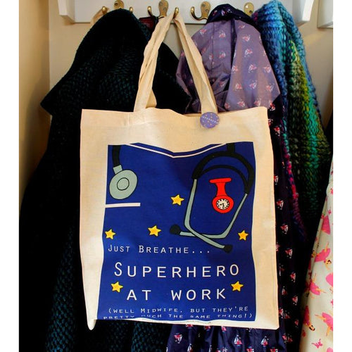 Funny midwife superhero bag by Laura Lee Designs Cornwall