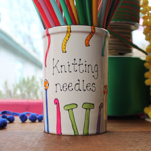 Knitting needles storage jar hand painted in colourful knitting needles and yarn