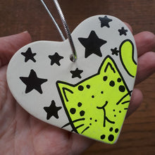 Load image into Gallery viewer, Neon yellow kitty heart with stars