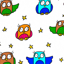 Load image into Gallery viewer, Colourful owl wrapping paper by Laura Lee Designs 100% recyclable 