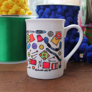 A colourful quilters patchworking mug by Laura Lee Designs Cornwall