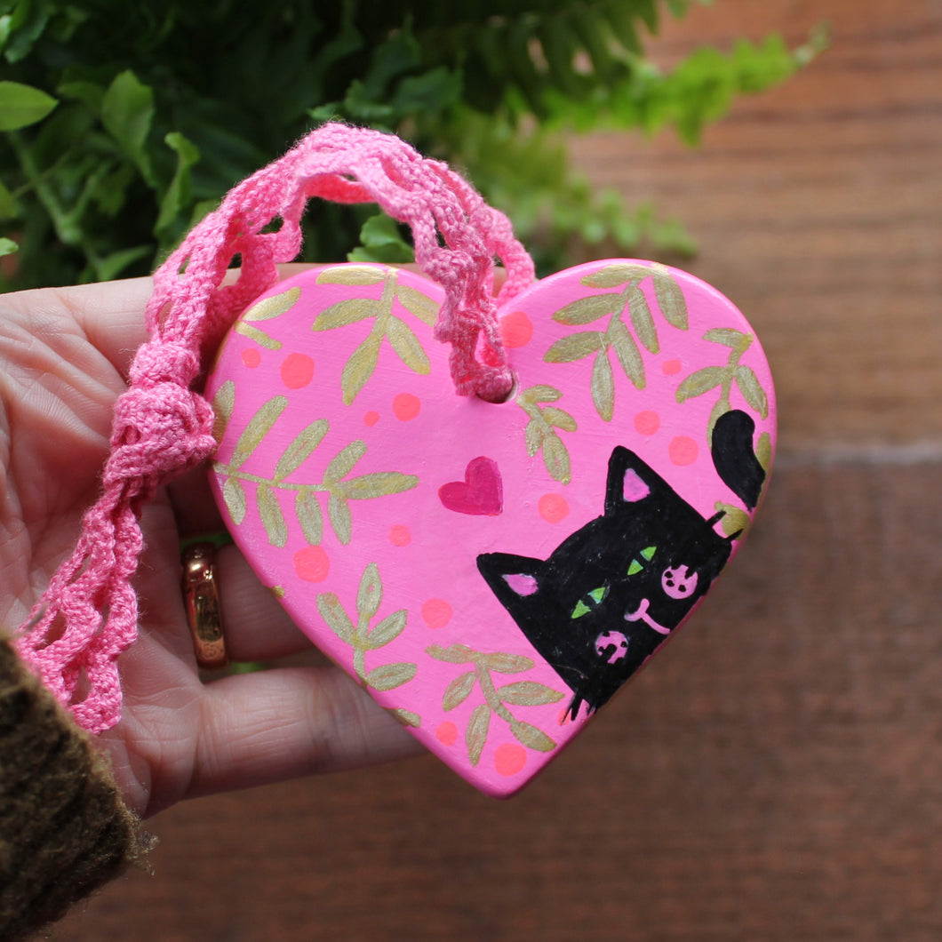 Black Cat Kitty Heart - Pink - Rowan - Hand Painted - Ceramic - Ornament - Cat Decoration