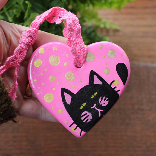 Black Cat Pink Kitty Heart - Made You Smile - Hand Painted - Ceramic - Ornament - Cat Decoration
