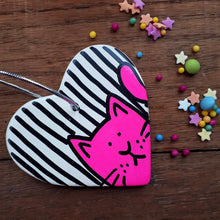 Load image into Gallery viewer, SALE - Cat Heart - Hanging Decoration - Hand Painted - Neon Pink
