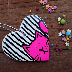 SALE - Cat Heart - Hanging Decoration - Hand Painted - Neon Pink
