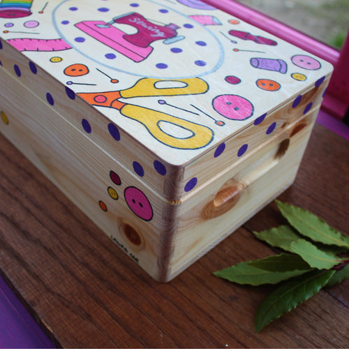 Hand painted wooden sewing box freaturing a vintage sewing machine in by Laura Lee Designs in Cornwall pink