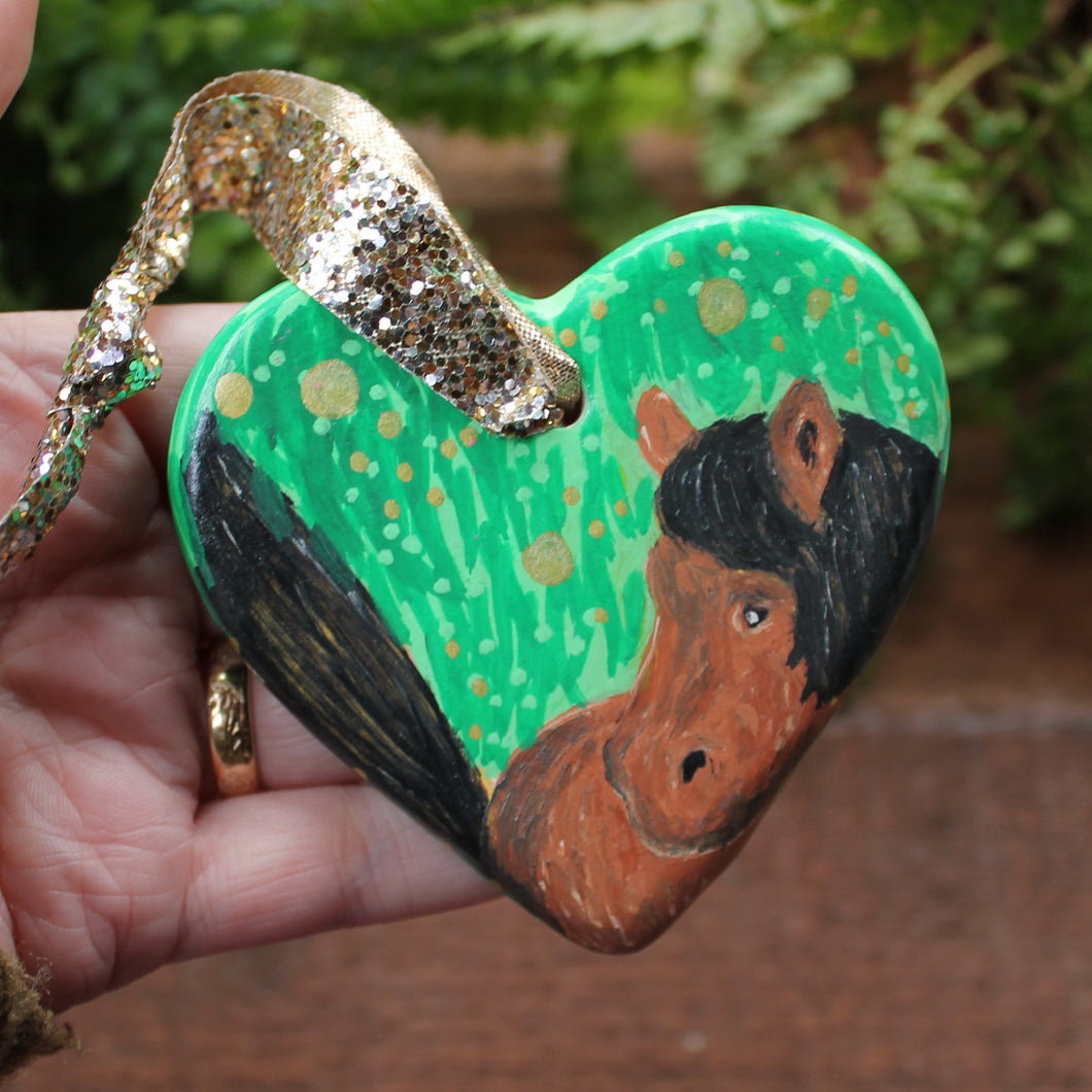 Bay horse hand painted ceramic heart by Laura Lee Designs in Cornwall