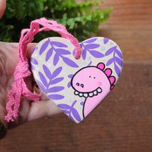 Load image into Gallery viewer, Goofy pink dinosaur heart hand painted by Laura Lee
