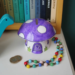 Purple toadstool money box hand painted fine china piggy bank by Laura Lee Designs Cornwall