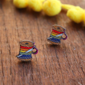 Rainbow cotton spool earrings wood and stainless steel by Laura Lee Designs