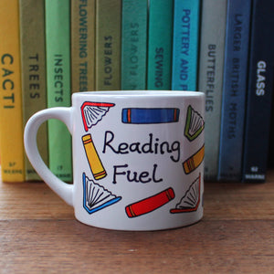 Child's size reading fuel mug scattered colourful books cup for reading Laura Lee Designs Cornwall