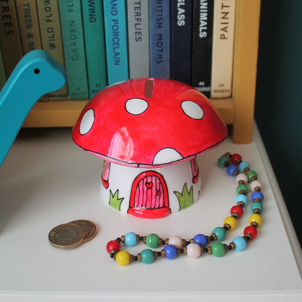 Red toadstool money box hand painted fine china mushroom piggy bank by Laura Lee Designs Cornwall