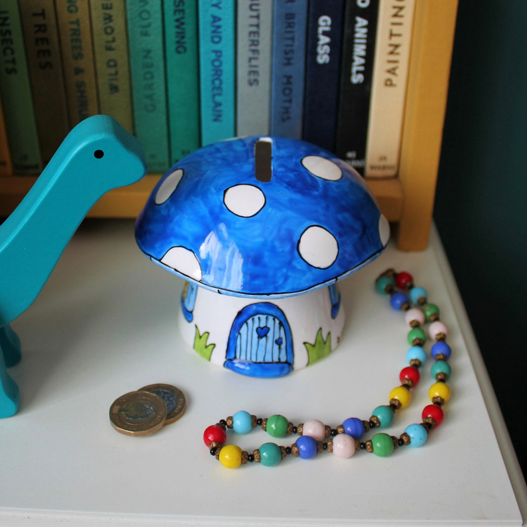 Royal blue toadstool money box hand painted fine china mushroom piggy bank by Laura Lee Designs Cornwall