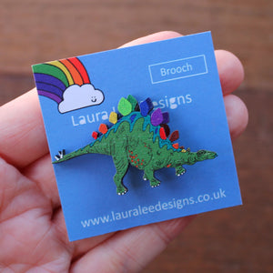 Rainbow stegosaurus brooch fun dinosaur brooch by Laura Lee Designs Cornwall 