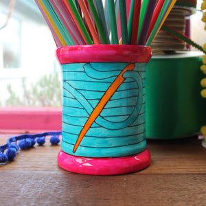 Turquoise sewing thread bobbin storage jar vase by Laura Lee Designs