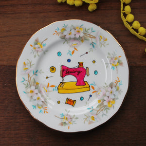 Colourful sewing machine vintage plate by Laura Lee designs