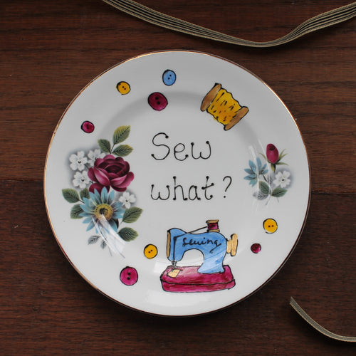 Sew What? Sewing machine vintage plate by Laura Lee Designs hand painted in Cornwall