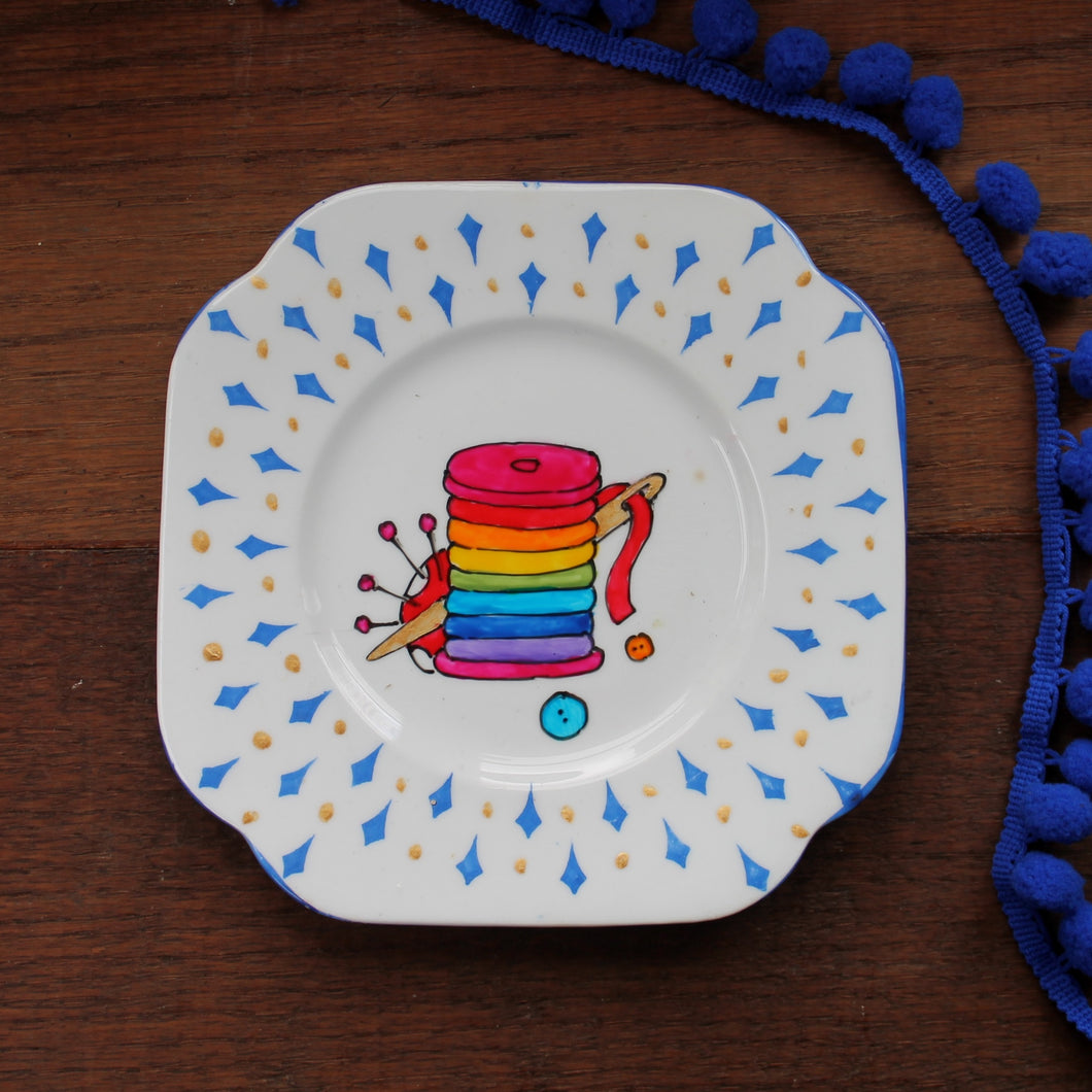 Rainbow thread and pincushion colourful painted plate by the vintage pimp Laura Lee Designs 