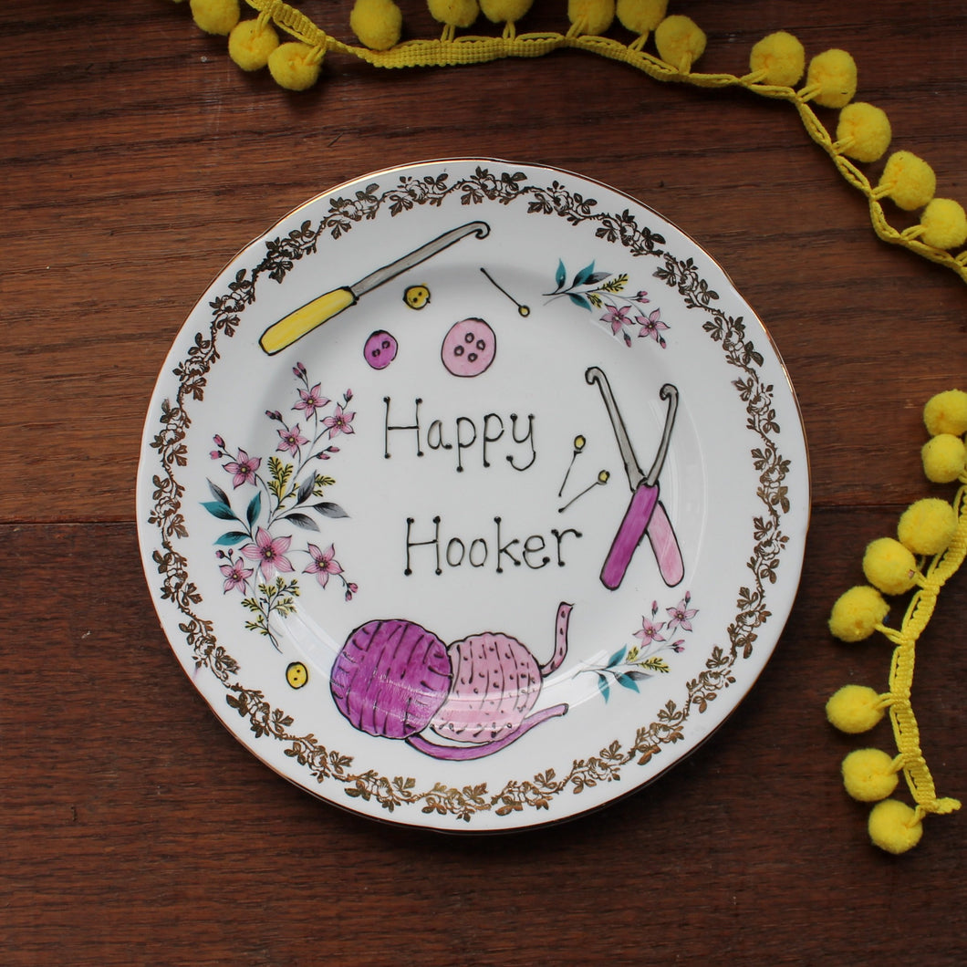 Happy hooker funny crocheting plate by Laura Lee Designs in Cornwall