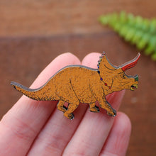 Load image into Gallery viewer, Mustard yellow triceratop brooch wooden laser cut jewellery by Laura Lee designs Cornwall