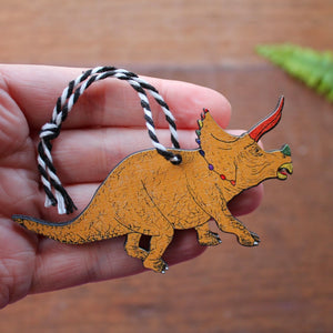 Yellow triceratops rainbow dinosaur hanging decoration by Laura Lee Designs Cornwall