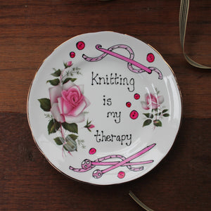 The vintage Pimp knitting is my therapy upcycled plate by Laura Lee Designs 